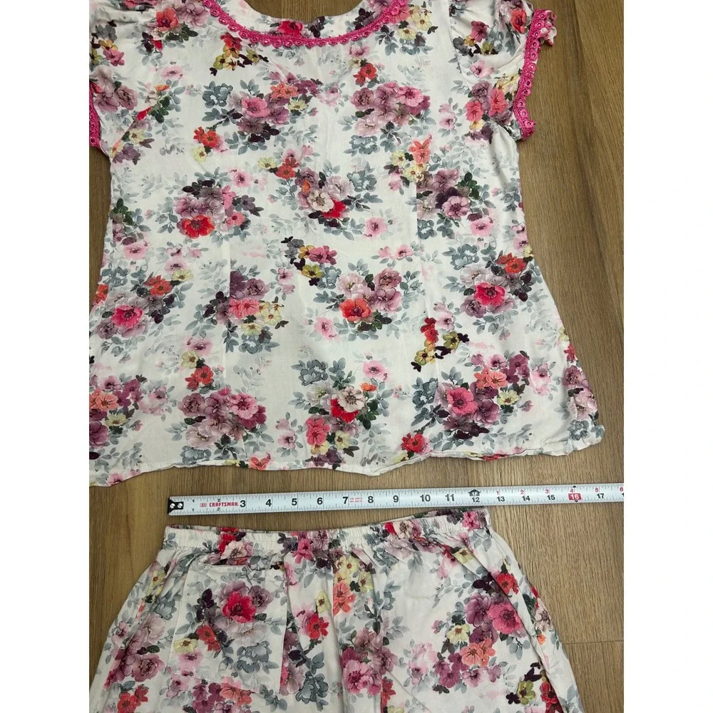Vintage Handmade Floral Set Pink Lace Trim‎ Short Sleeve Top Pants cottage